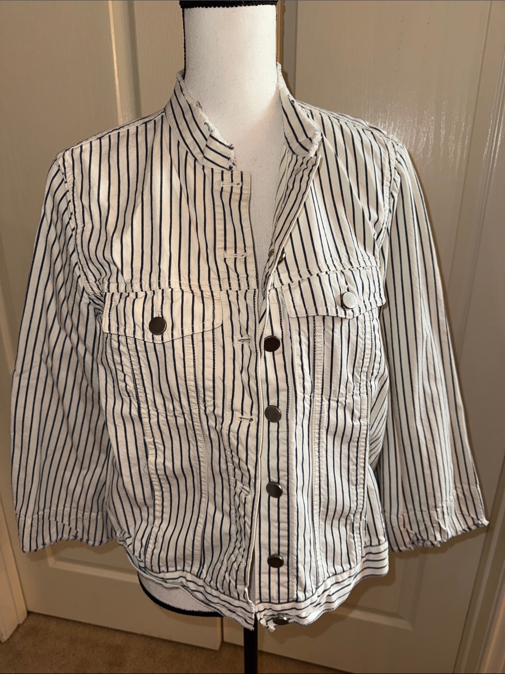 White and Navy Striped Button-Front Jacket - Size Small